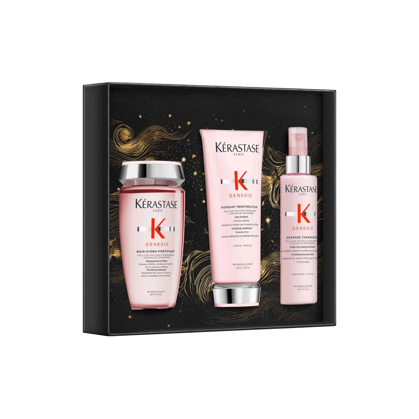 Gift set of Kérastase hair care products in pink packaging.