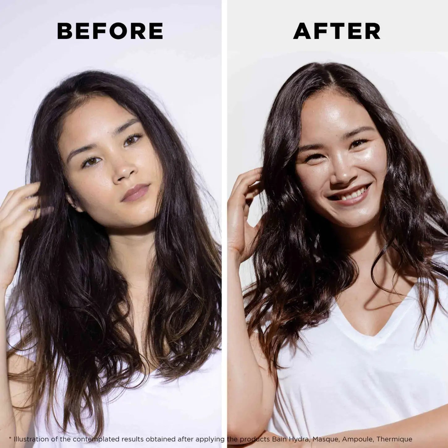 Before and after comparison of a woman’s appearance, showing a change in expression and hairstyle.