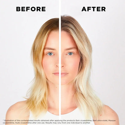 Split-screen showing blonde woman’s hair and complexion before and after Kérastase Blond Absolu