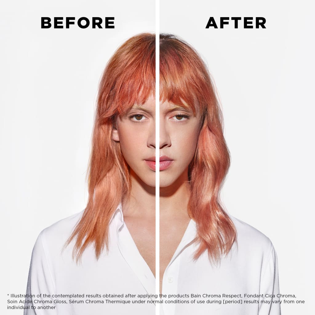 Split-screen portrait of a person’s hair before and after using Kérastase Chroma Absolu Soin