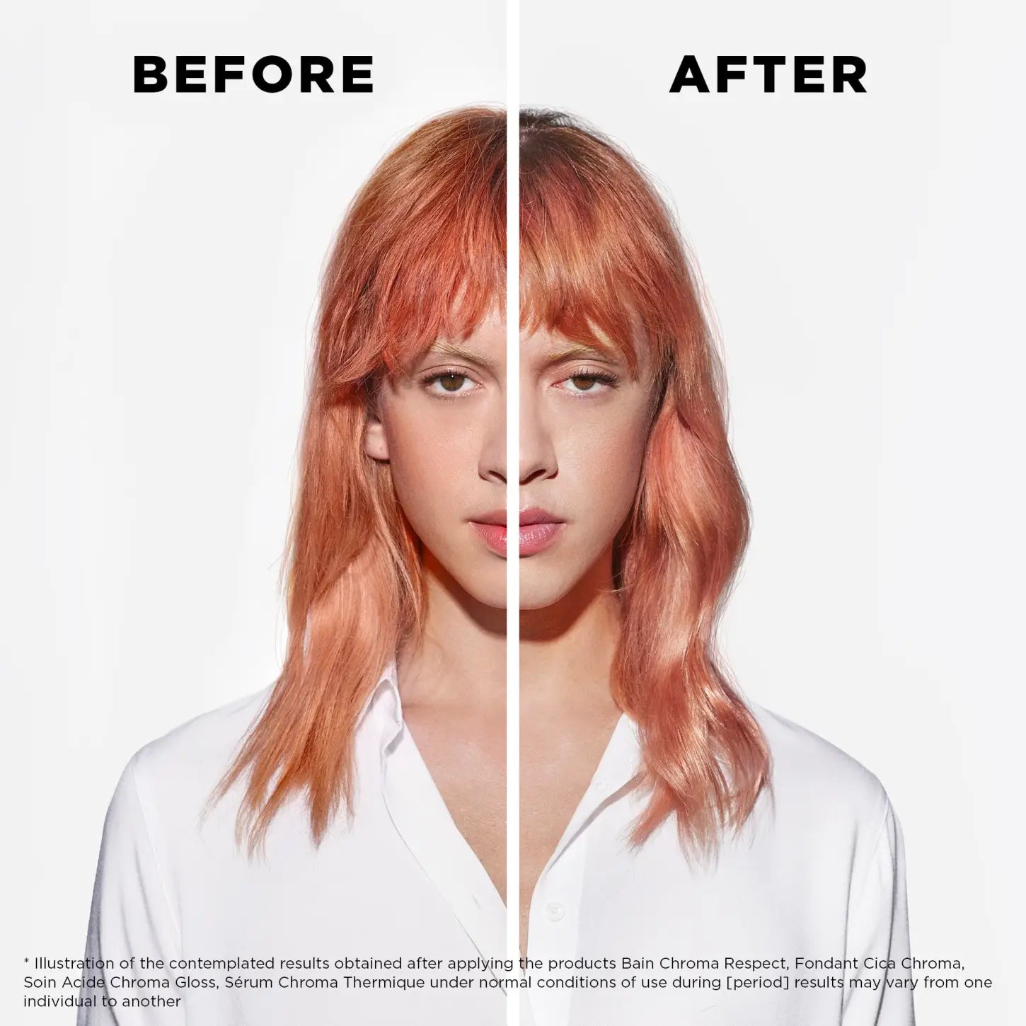 Split-screen portrait of a person’s hair before and after using Kérastase Chroma Absolu Soin