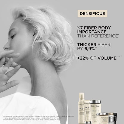 Side profile of a woman with voluminous platinum blonde hair using Kérastase Densifique Bain