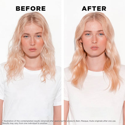 Before and after using Kérastase Elixir Ultime Bundle for hair and skincare