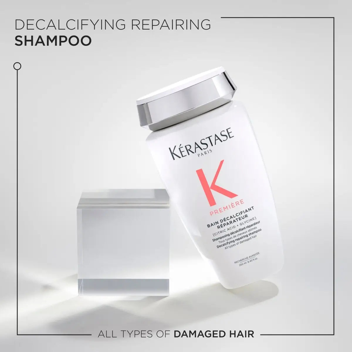 White bottle of Kérastase Bain Décalcifiant Réparateur shampoo for damaged hair, 250ml