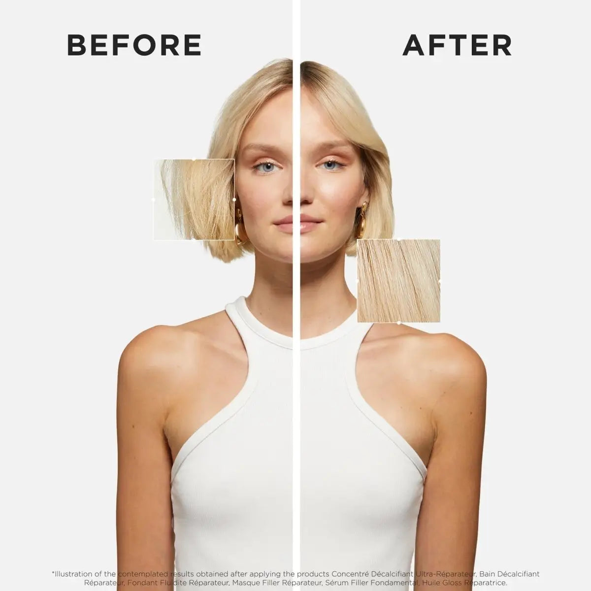 A woman with blonde hair before and after using Kérastase Concentré Décalcifiant Ultra-Réparateur