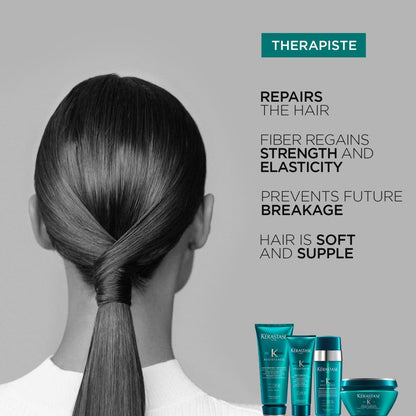 Woman’s sleek ponytail with Kérastase Resistance Bain Therapiste Balm-in-Shampoo