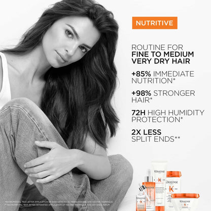 Woman with long dark hair posing for Kerastase Nutritive Bain Satin shampoo ad