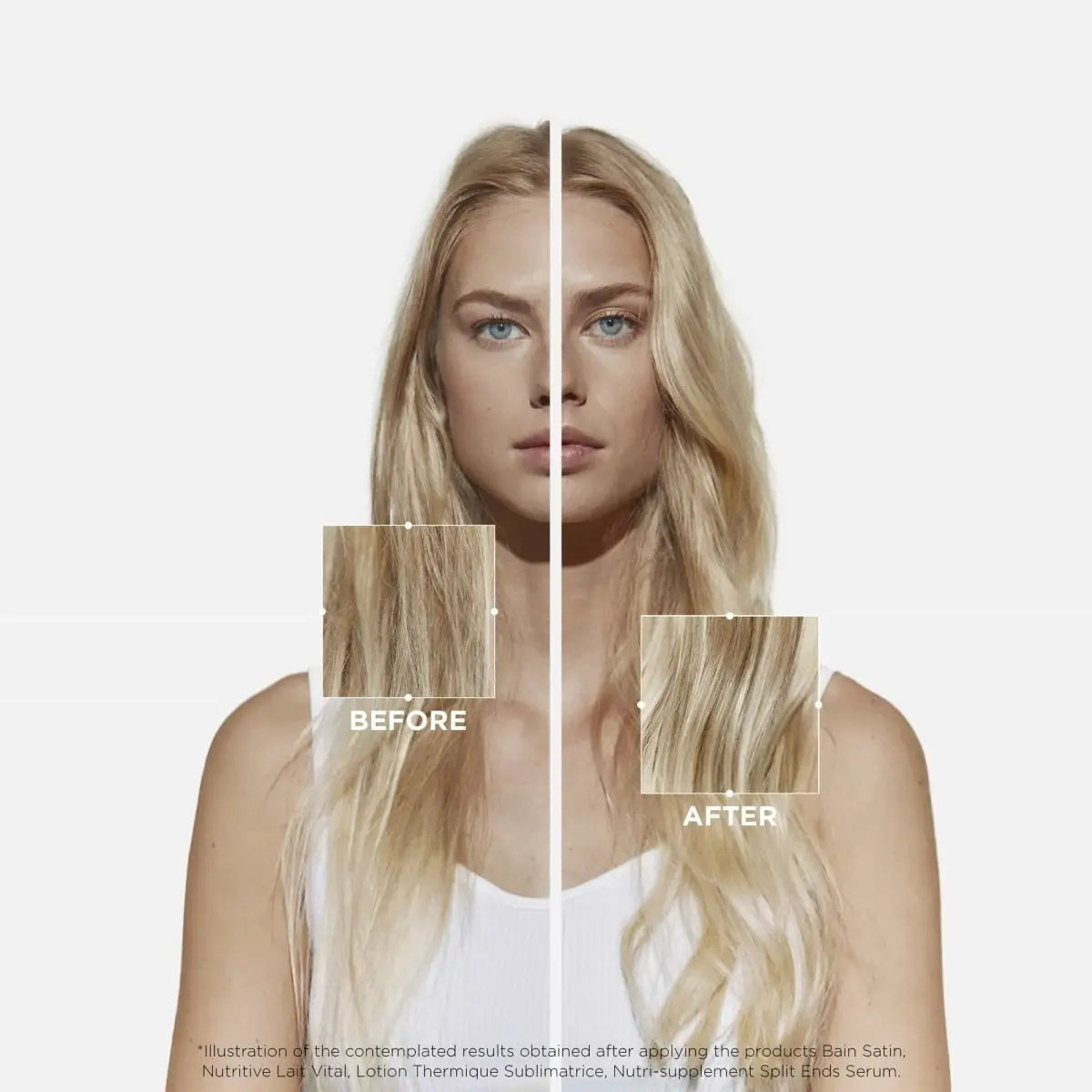 Before and after effects of Kerastase Nutritive Lait Vital on a blonde woman’s hair