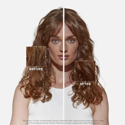 Split-screen comparison showing a woman’s hair before and after treatment, with the ’after’ side appearing more voluminous and styled.