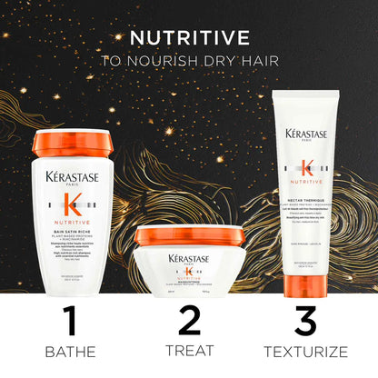 Hair care product line featuring three Kérastase items for nourishing dry hair.