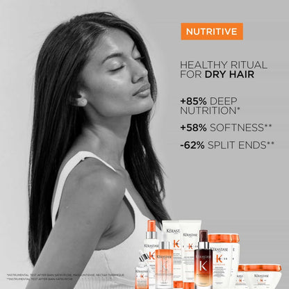 Woman with long dark hair showcasing Kerastase Nutritive Masquintense 200ml hair mask