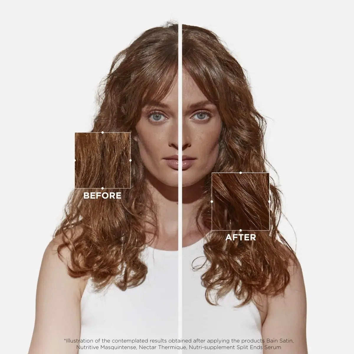 Split-screen of a woman’s hair before/after using Kerastase Nutritive Nectar Thermique