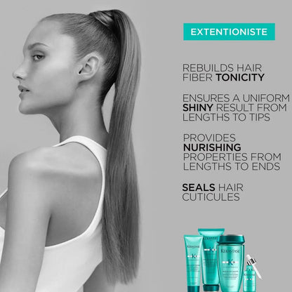 Side profile of woman with sleek ponytail showcasing Kerastase Resistance Bain Extentioniste