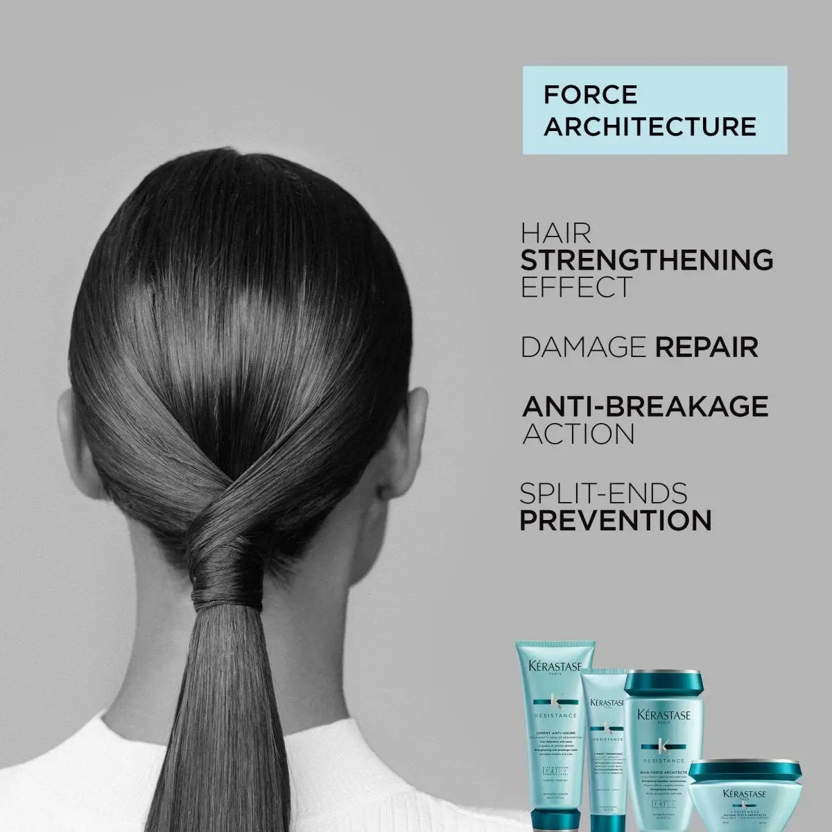 Woman with sleek, dark ponytail using Kerastase Resistance Ciment Anti-Usure Conditioner