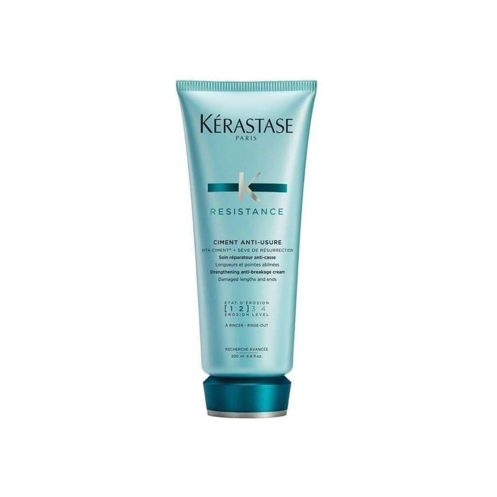 Teal-colored tube of Kérastase Resistance Ciment Anti-Usure Hair Conditioner 200ml