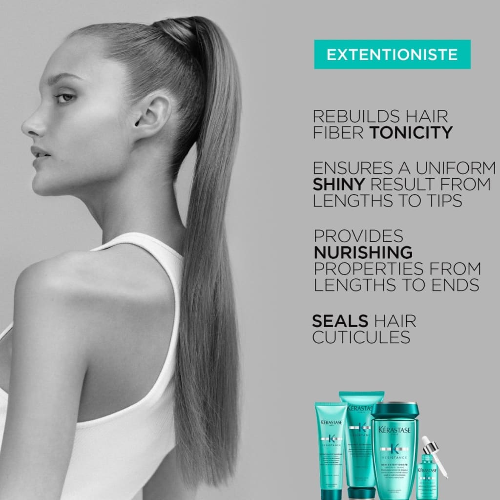 Woman with long ponytail using Kerastase Resistance Extentioniste Hair Mask 200ml