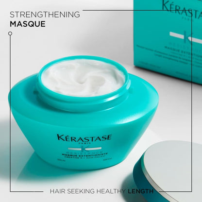 Teal jar of Kérastase Resistance Extentioniste Hair Mask 200ml with white cream inside