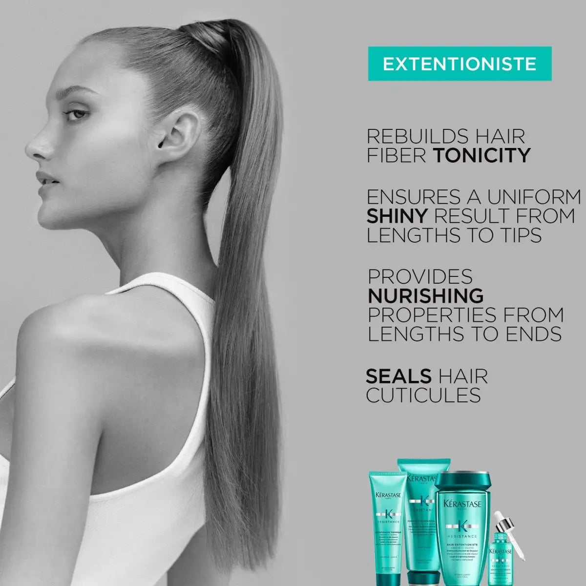 Side profile of a woman with sleek ponytail holding Kerastase Resistance Fondant Extentioniste