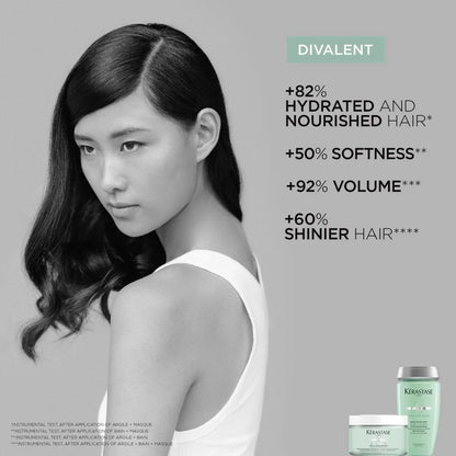 Black and white image of woman highlighting Kerastase Specifique Bain Divalent benefits