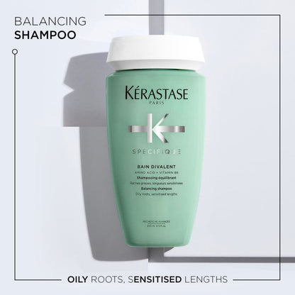 Mint green bottle of Kérastase Specifique Bain Divalent shampoo for oily roots and lengths