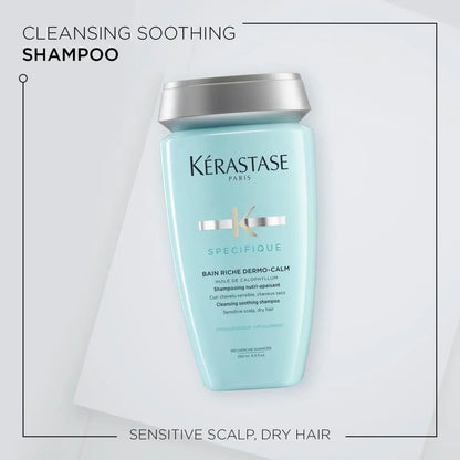 Light blue Kérastase Specifique Bain Riche Dermo-Calm Shampoo 250ml for dry, sensitive scalp