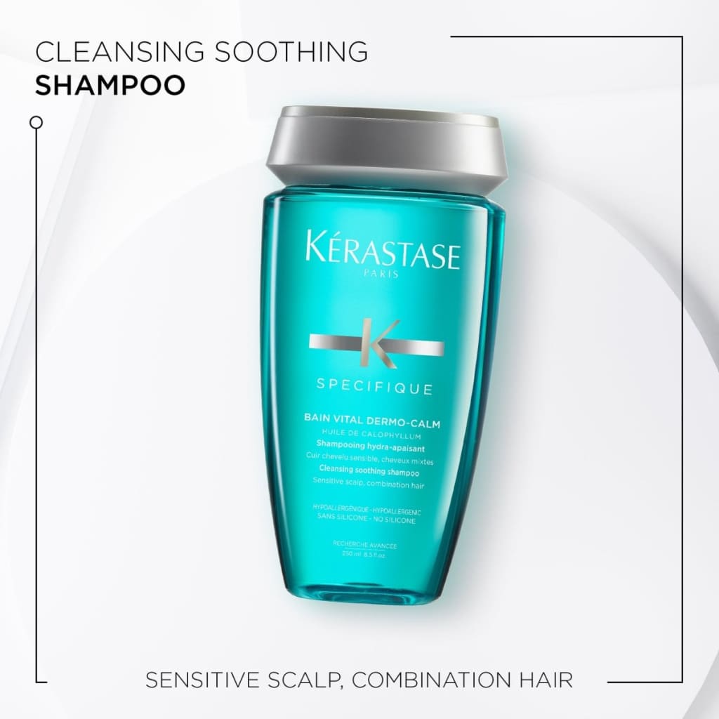 Turquoise bottle of Kérastase Specifique Bain Vital Dermo-Calm Shampoo for sensitive scalp