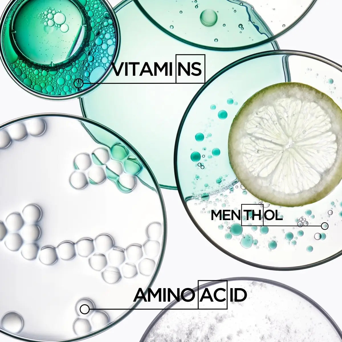 Collage of vitamins, menthol, and amino acids in Kerastase Specifique Cure Anti-chute Intensive