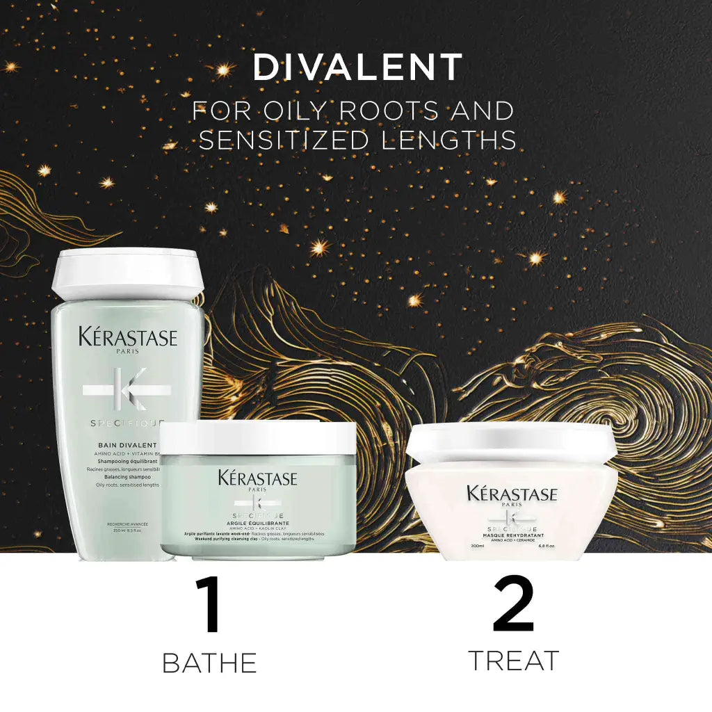 Hair care product line featuring shampoo, conditioner, and treatment from Kérastase’s Divalent range for oily roots and sensitized lengths.