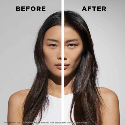 Split-screen portrait comparing a woman’s appearance before and after applying makeup.