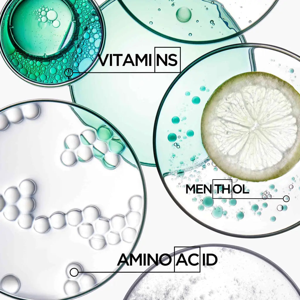 Collage of scientific imagery featuring vitamins, menthol, and amino acids in circular petri dish-like compositions.