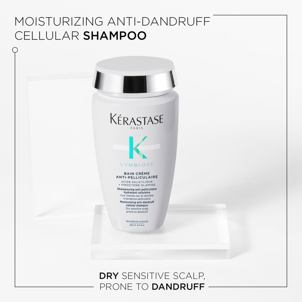 White bottle of Kérastase Symbiose Bain Crème Anti-Dandruff Shampoo for dry, sensitive scalps