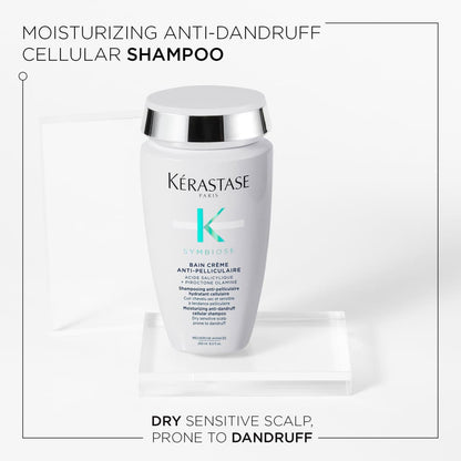 White bottle of Kérastase Symbiose Bain Crème Anti-Dandruff Shampoo for dry, sensitive scalps