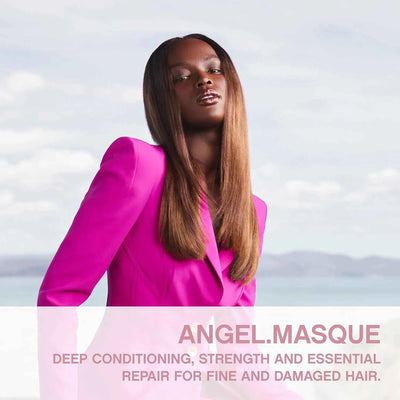 Kevin Murphy Angel Masque: Hair Treatment for Damaged Hair. Woman with sleek hair and pink blazer.