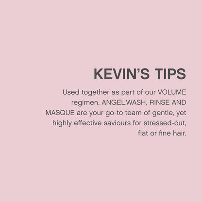 Text about Kevin Murphy Angel.Wash volumizing shampoo used for volume regimen and fine hair care tips
