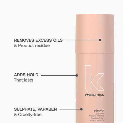 Kevin Murphy Doo.Over Dry Powder Styling Spray 250ml for Volume offers lasting hold and removes excess oils effortlessly.