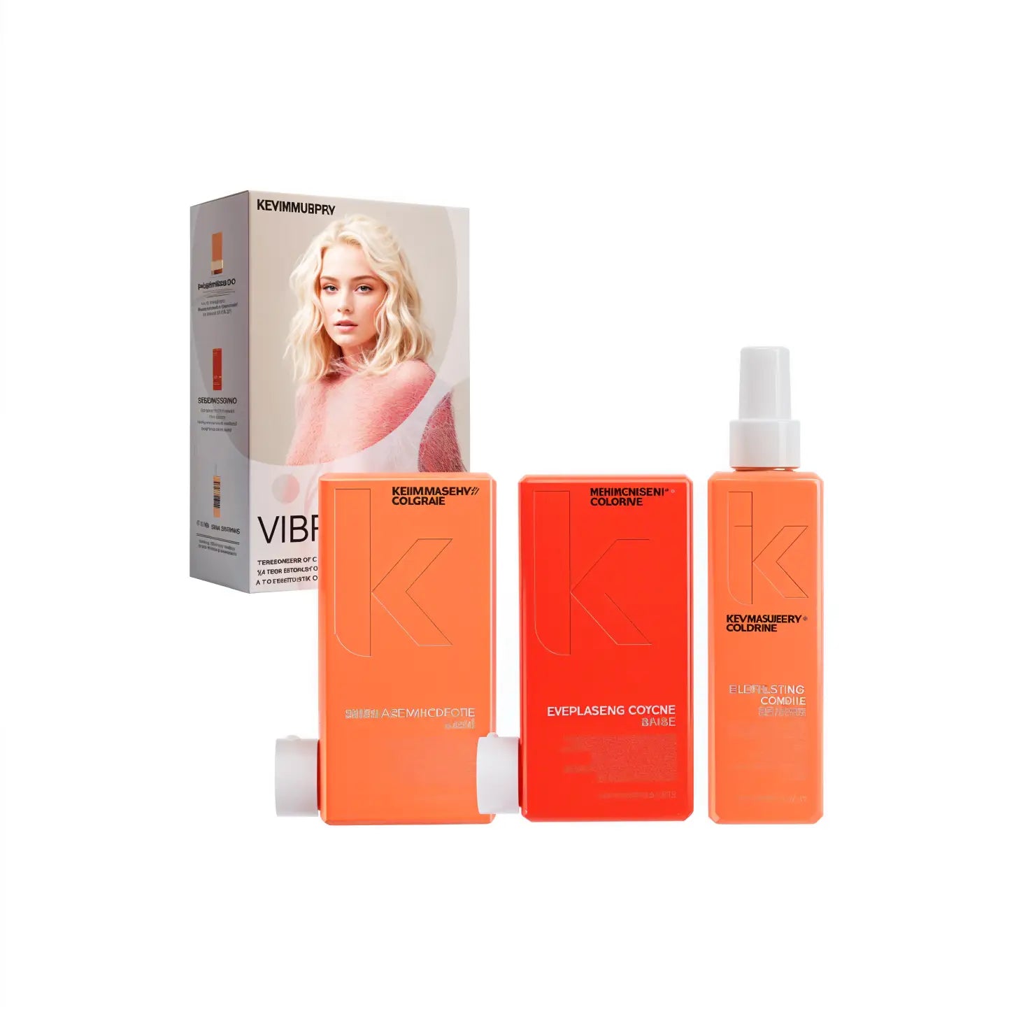 Hair care product set with orange and red packaging, featuring a box with a woman’s portrait.