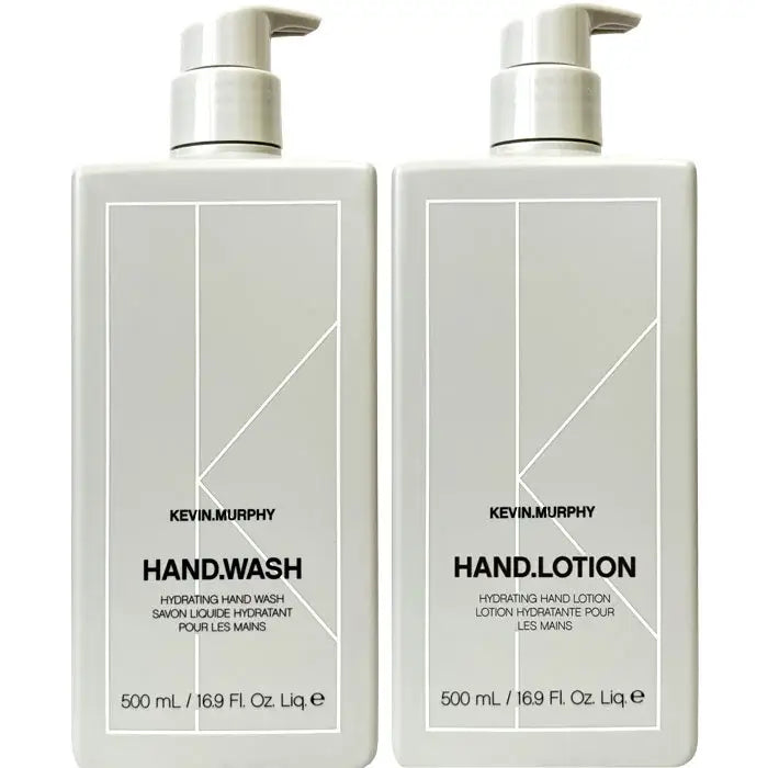 Two white pump bottles of Kevin Murphy hand wash and hand lotion.