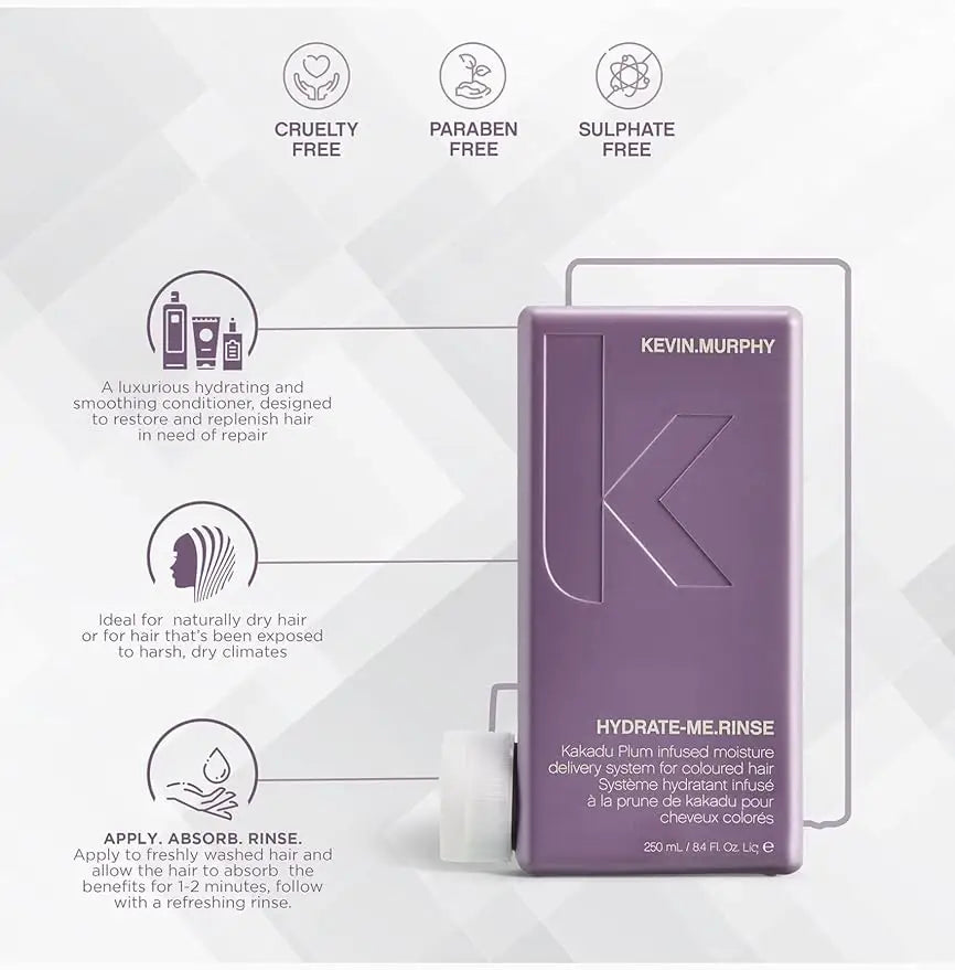 Purple bottle of Kevin Murphy Hydrate-Me.Rinse hair conditioner for essential moisture