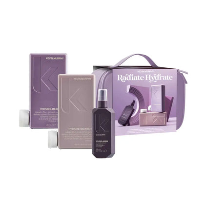 Hair care product set featuring purple packaging and a spray bottle.