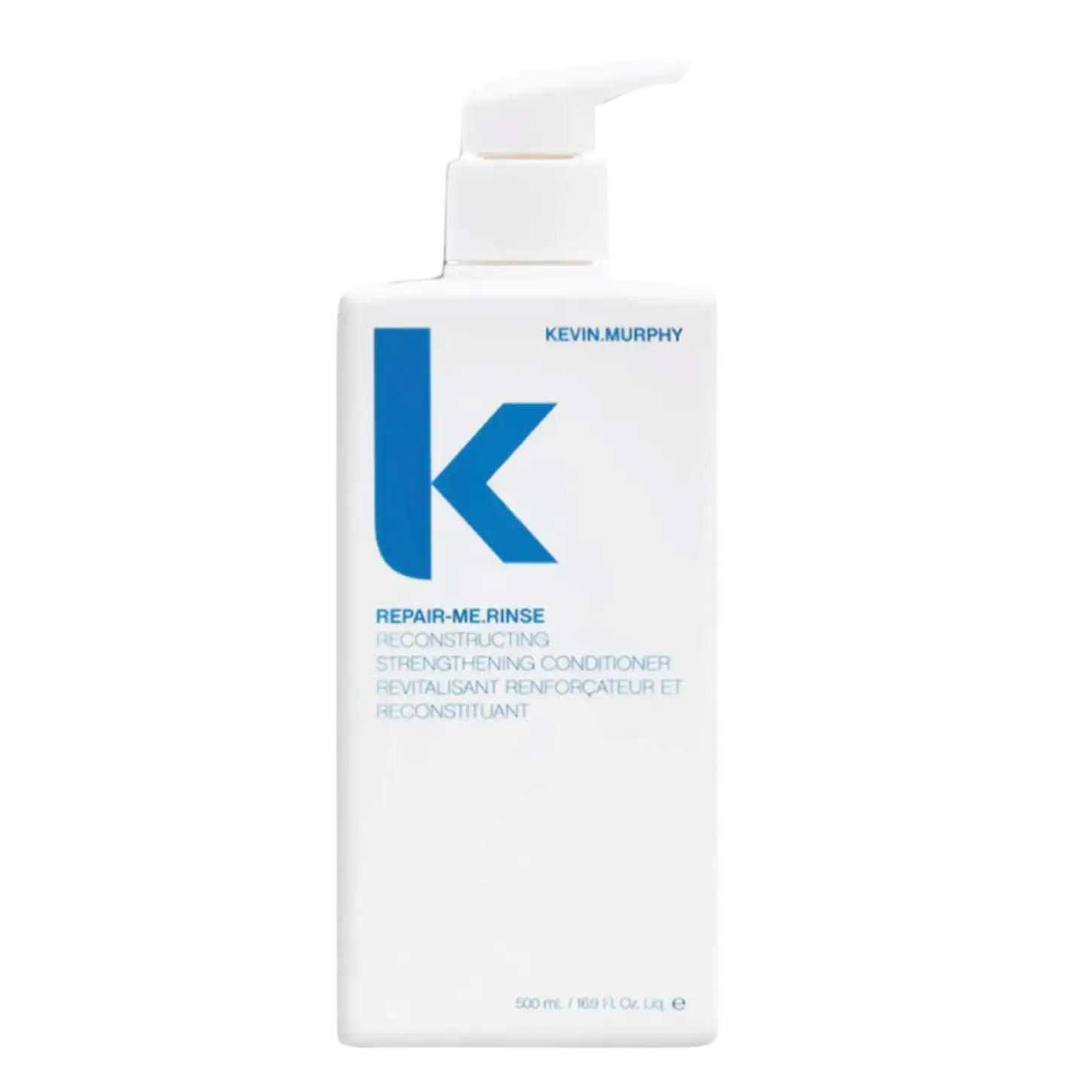 White bottle of Kevin Murphy Repair-Me.Rinse hair conditioner with blue ’K’ logo.