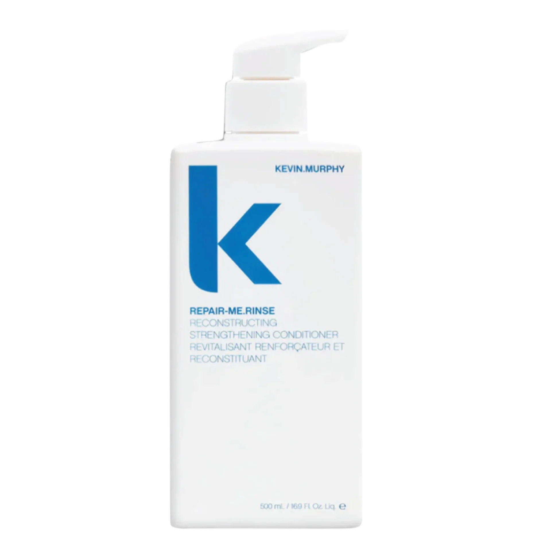 White bottle of Kevin Murphy Repair-Me.Rinse hair conditioner with blue ’K’ logo.