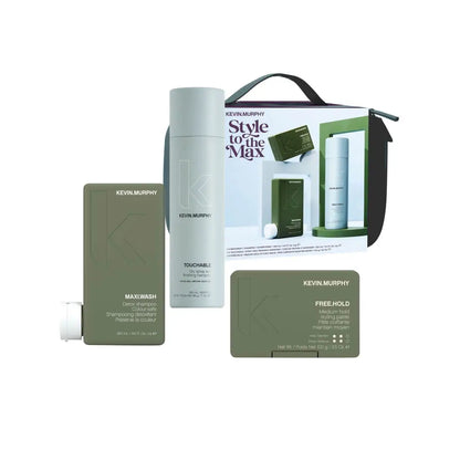 Skincare product set featuring green and white containers in a travel bag.