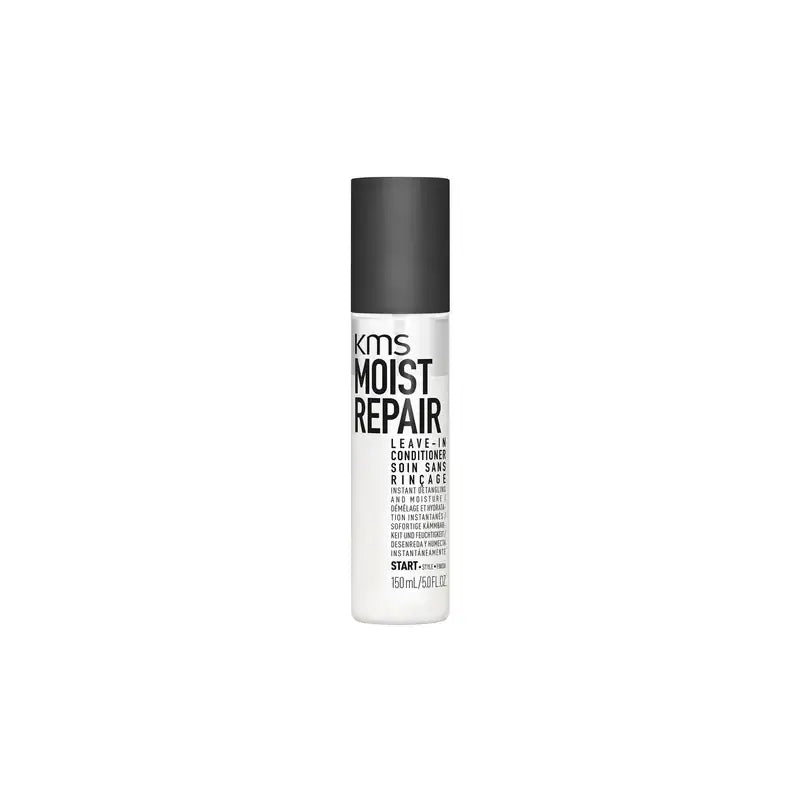 Hair care product bottle labeled ’KMS Moist Repair Leave-in Conditioner’.