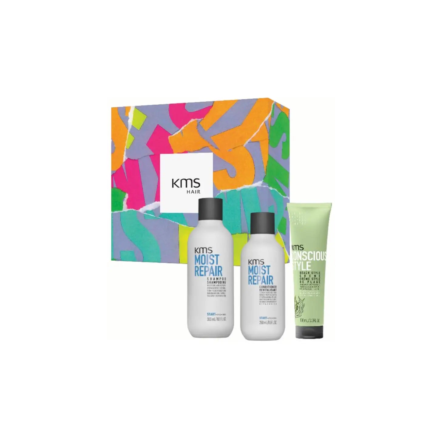 Colorful gift set containing KMS hair care products.