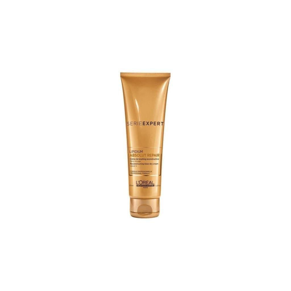 Gold-colored tube of L’Oréal Absolut Repair Gold Blow Dry Cream on display