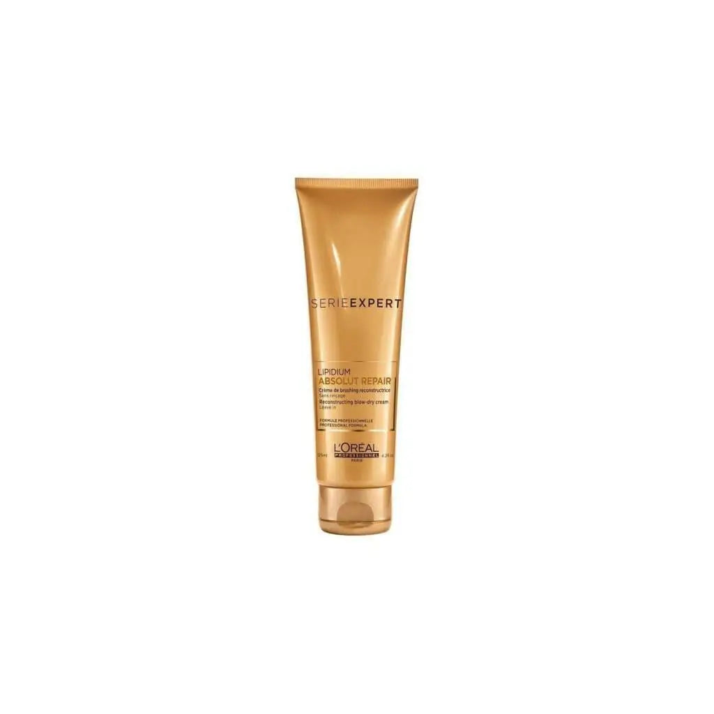 Gold-colored tube of L’Oréal Absolut Repair Gold Blow Dry Cream on display