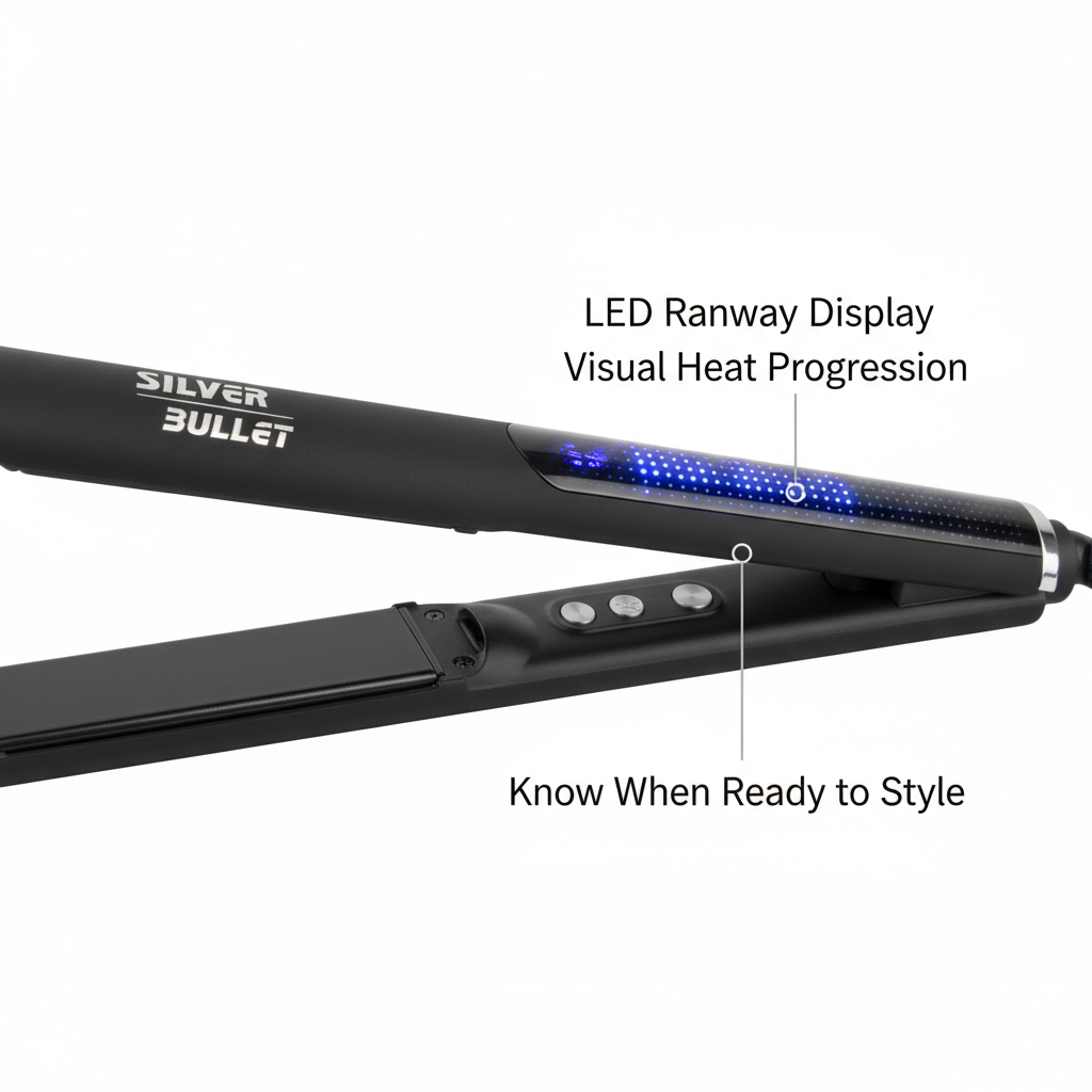 Silver Bullet Glide ceramic straightener with LED runway display and visual heat progression