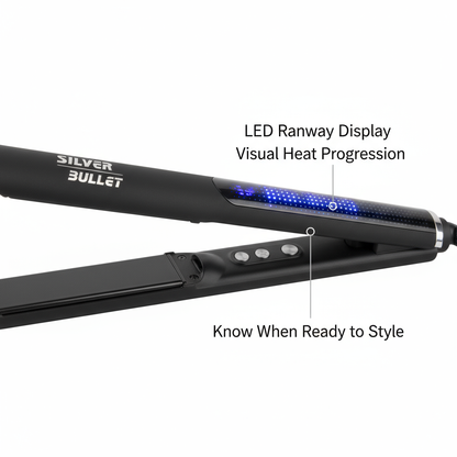 Silver Bullet Glide ceramic straightener with LED runway display and visual heat progression