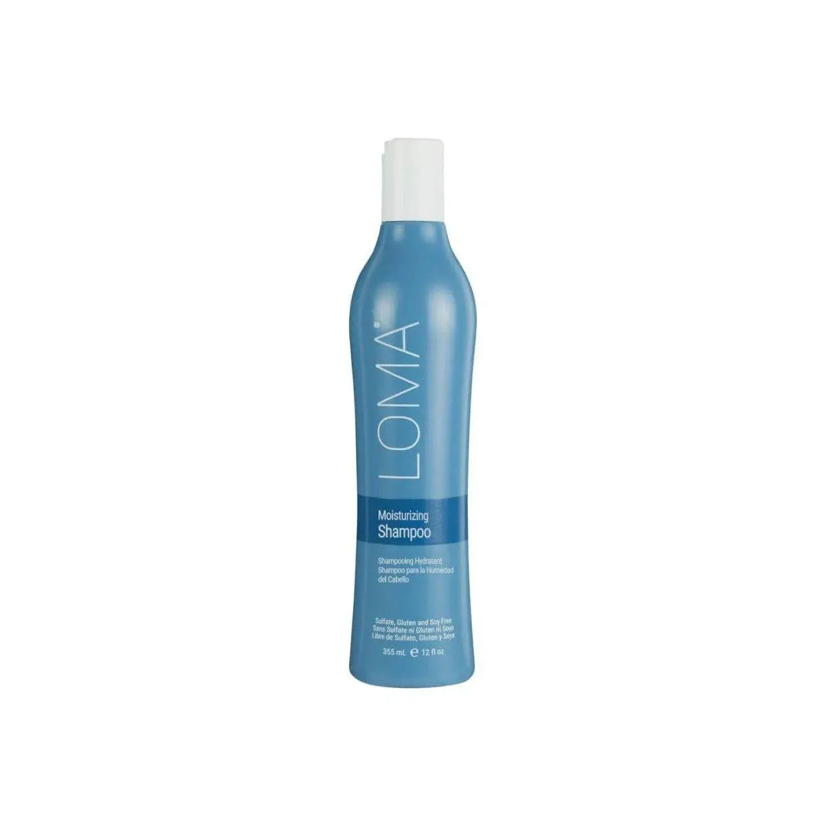 Blue bottle of Loma Moisturizing Shampoo 355ml, enriched with avocado seed oil