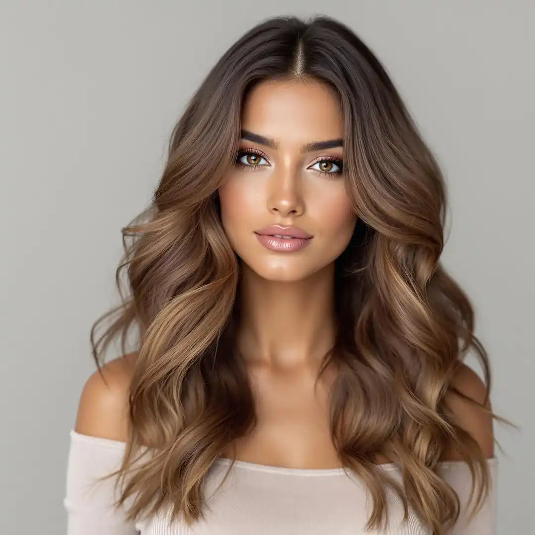 Long wavy brown hair styled with a balayage ombre effect.